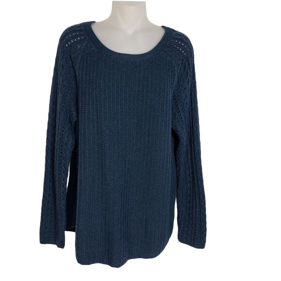 Ann Taylor Loft Womens Sweater Large Blue Cable Open Knit Round Neck Wool Blend - Picture 1 of 10